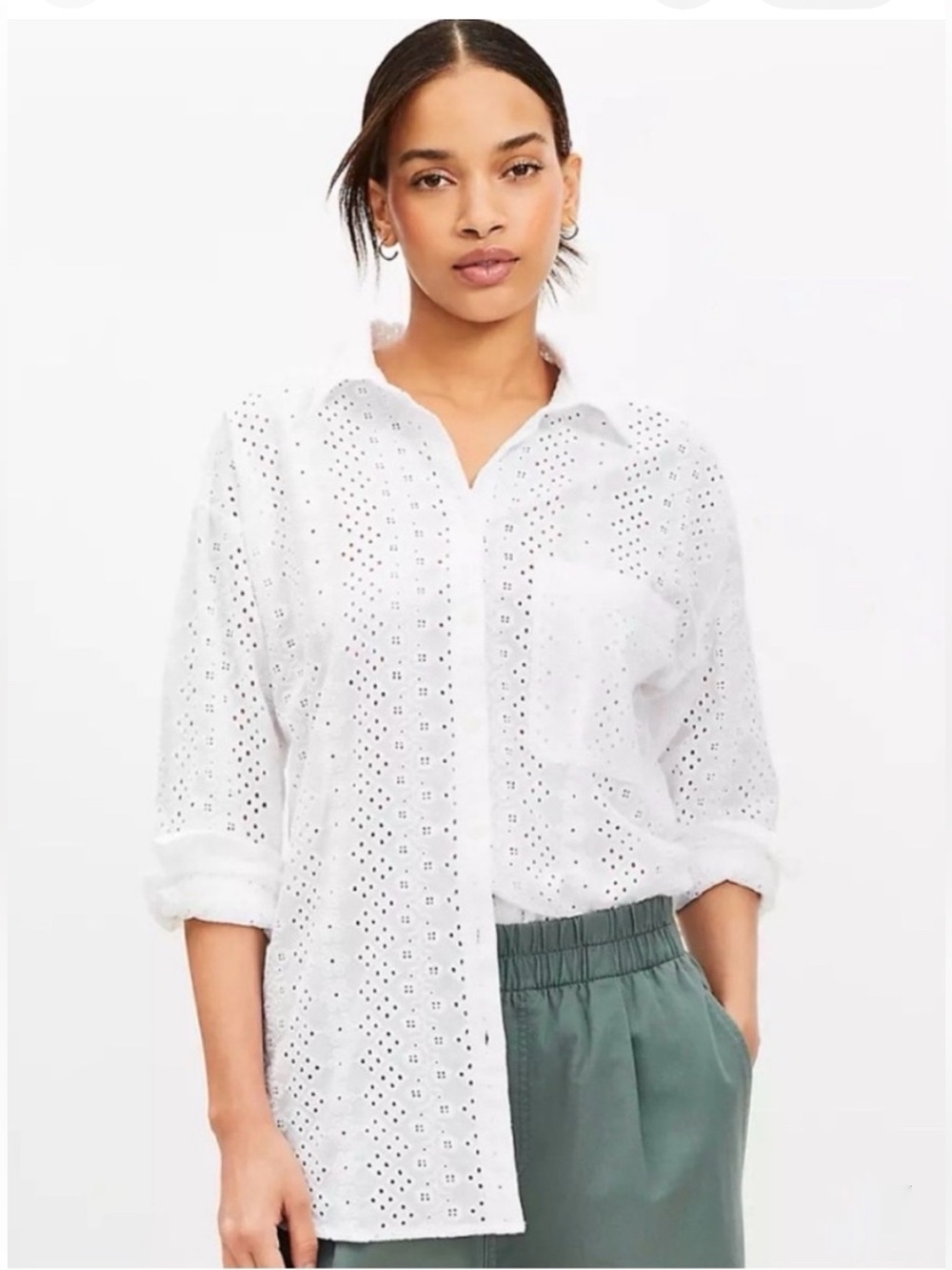 LOFT White Eyelet Button-Down Patch Pocket Blouse